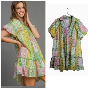 Umgee Oversized Floral Patchwork Mini Dress Short Puff Sleeve Flowy Green M